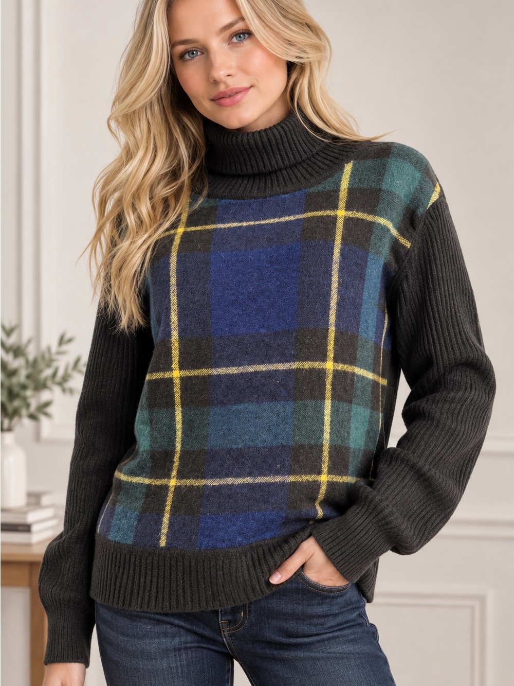 Burberry London Women’s XS Wool Cashmere Plaid Turtleneck Sweater Black Blue